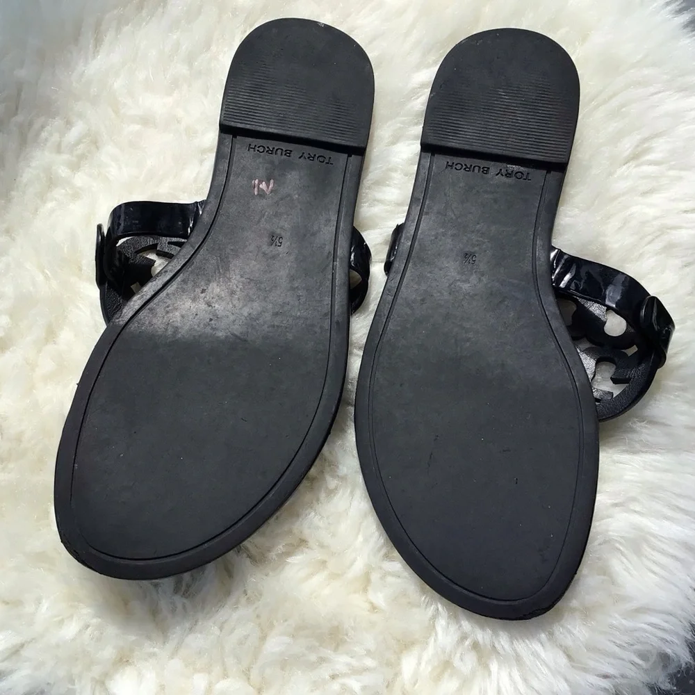 Tory Burch Miller Black Patent Logo Thong Sandals with Double Stacked T Logo